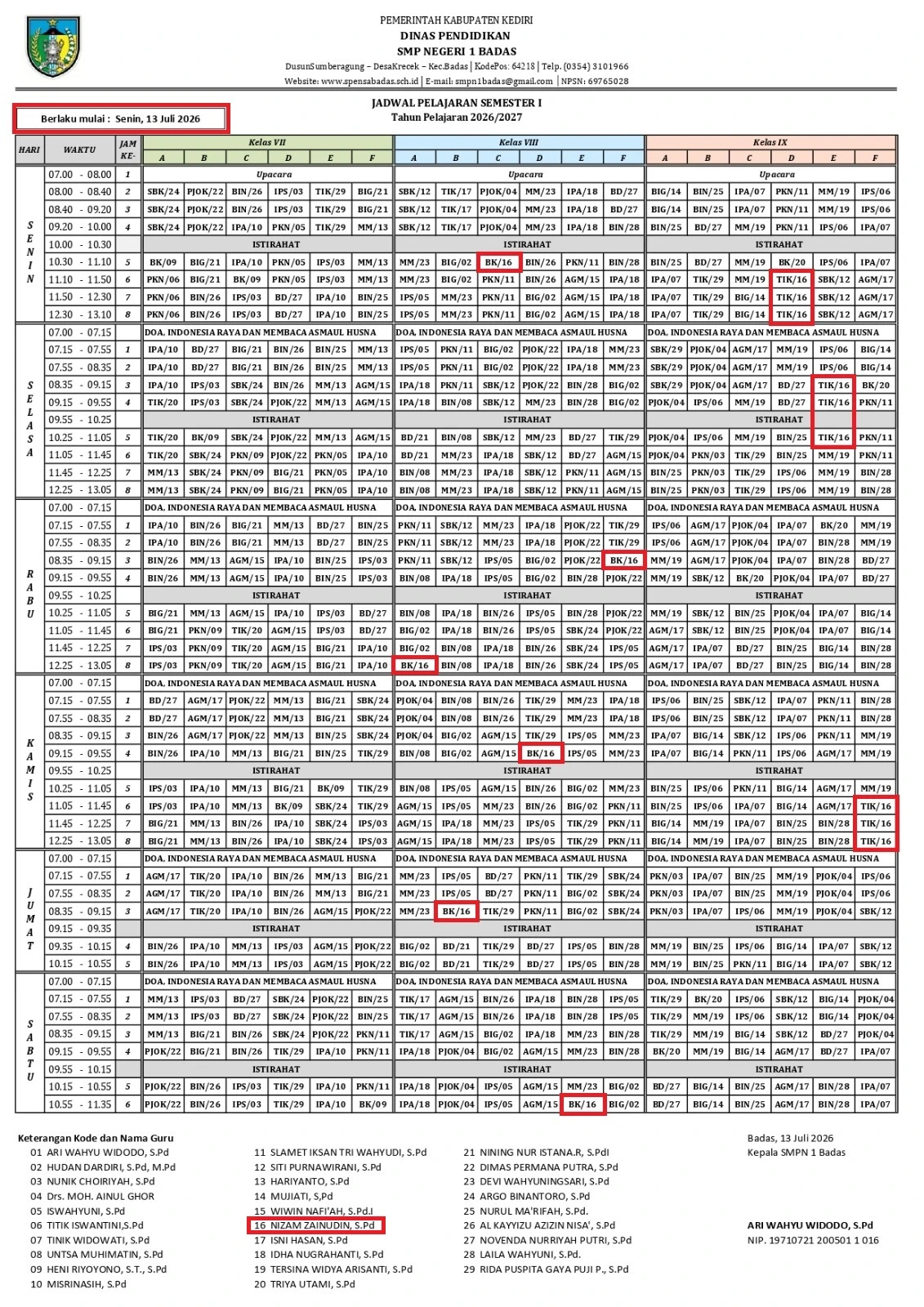 Jadwal Pelajaran Ganjil 2026
